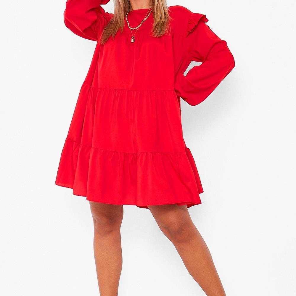 Long Sleeve Tiered Ruffle Smock Dress